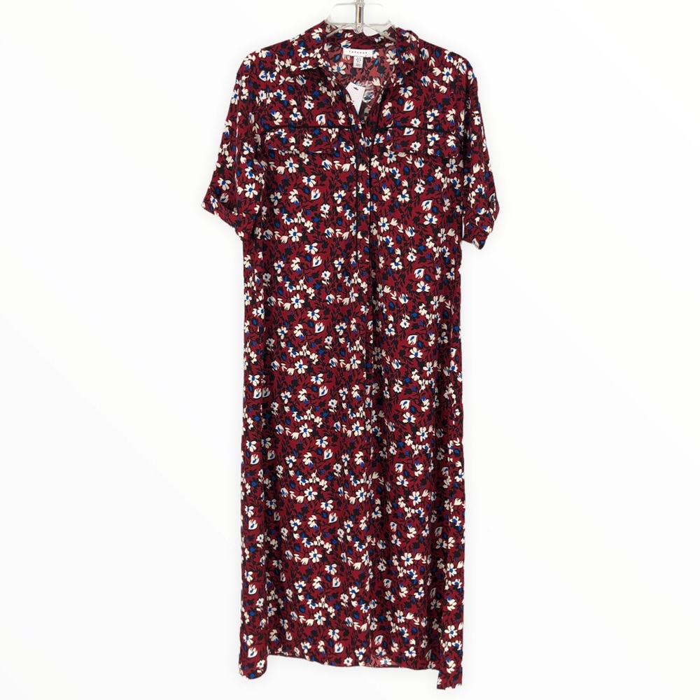 Topshop Floral Print Long Sleeve Midi Shirtdress in Burgundy Multi NWT size 6